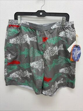 Gray Fish-Print Swim Trunks with Green & Red Accents